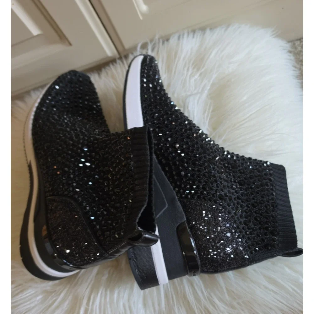Michael Kors Black Skyler Stretch-Knit Bootie Sock Crystal Embellishments -8.5M
